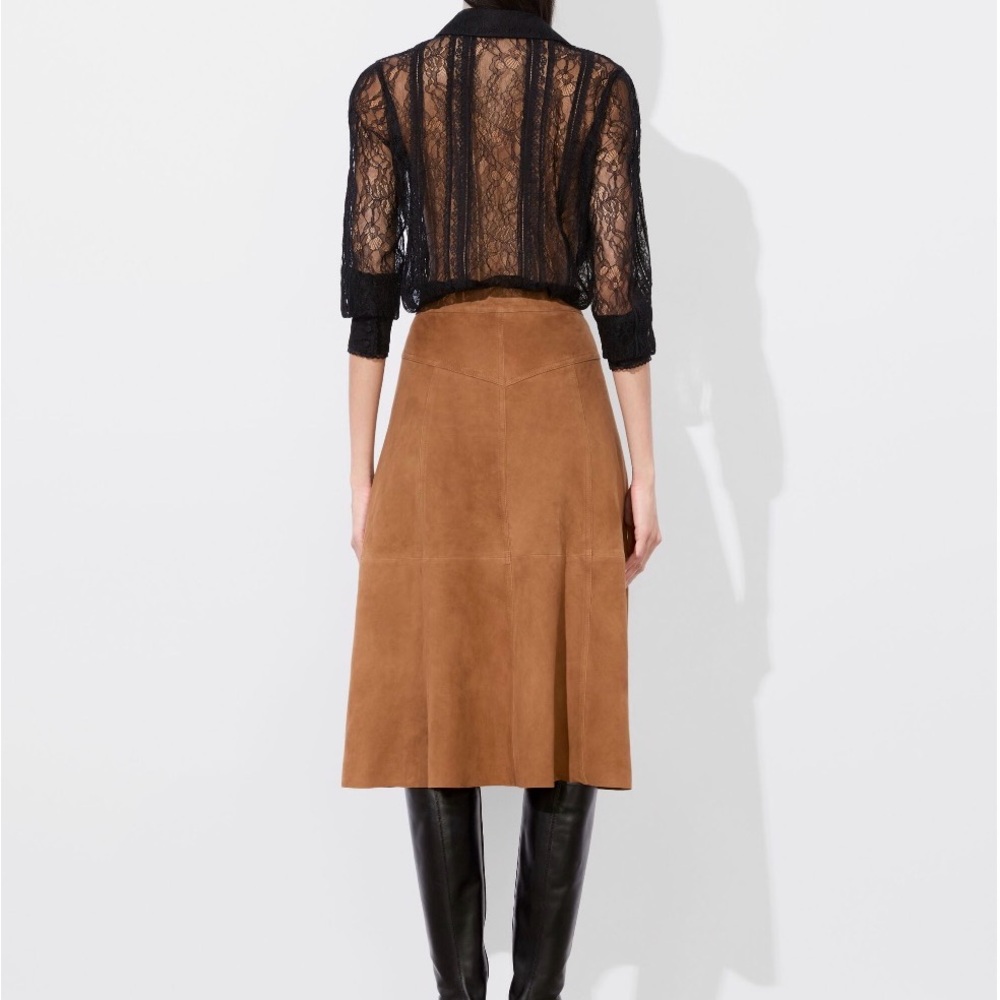 Alice + Olivia Calica Suede Camel Skirt Button-Front A-Line Lambskin - Picture 4 of 9